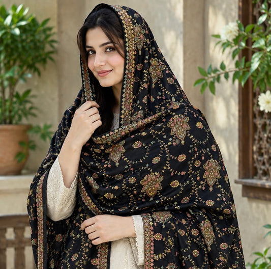 Original Pashmina Handmade Kachna Tanka Full Jaal Embroidery with Four Side Border - Shawl