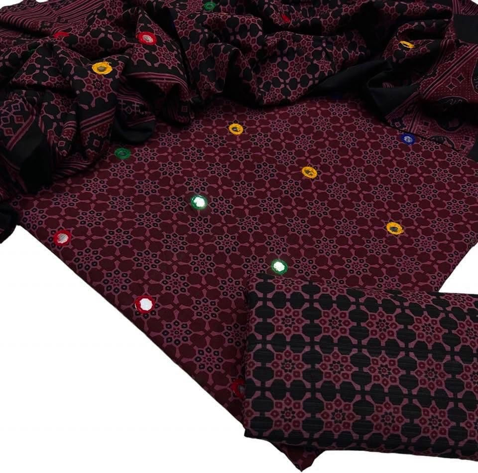 Ajrak Block Print Cotton 3-Piece Suit with Multi Sitara Foil Work – Hand-Dyed Traditional Elegance