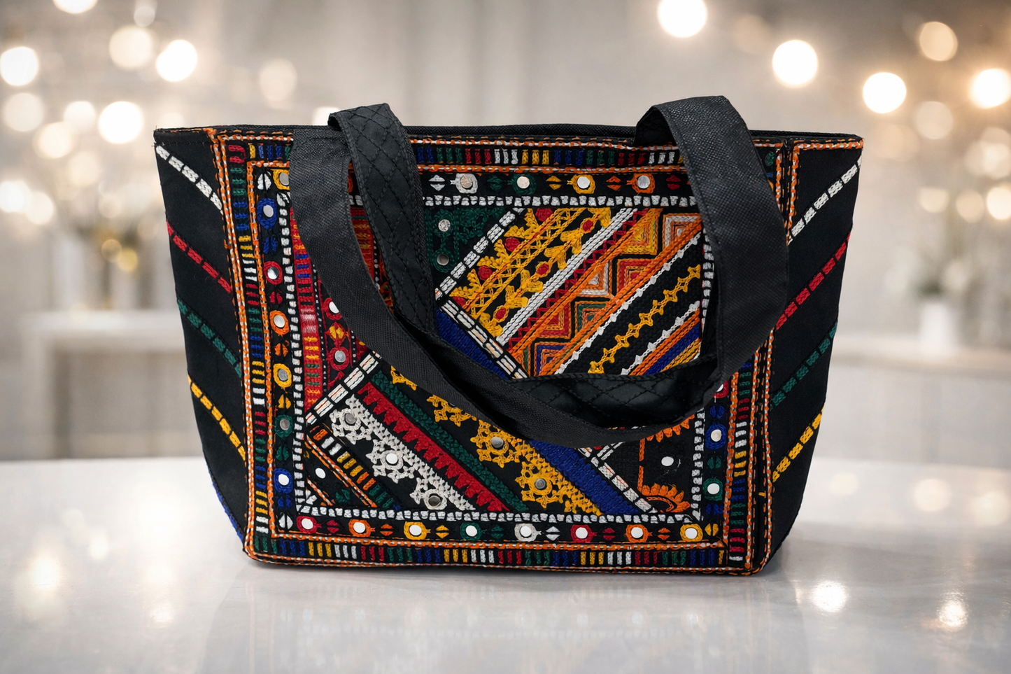 Antique Style Front-Back Multi Embroidery Tokri Handbag (Large Size)