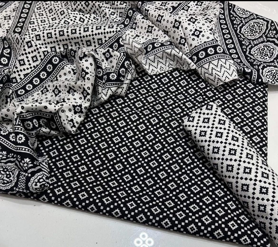 Black Ajrak Hand Block Print Cotton Unstitched 3-Piece Suit | All-Season Wear