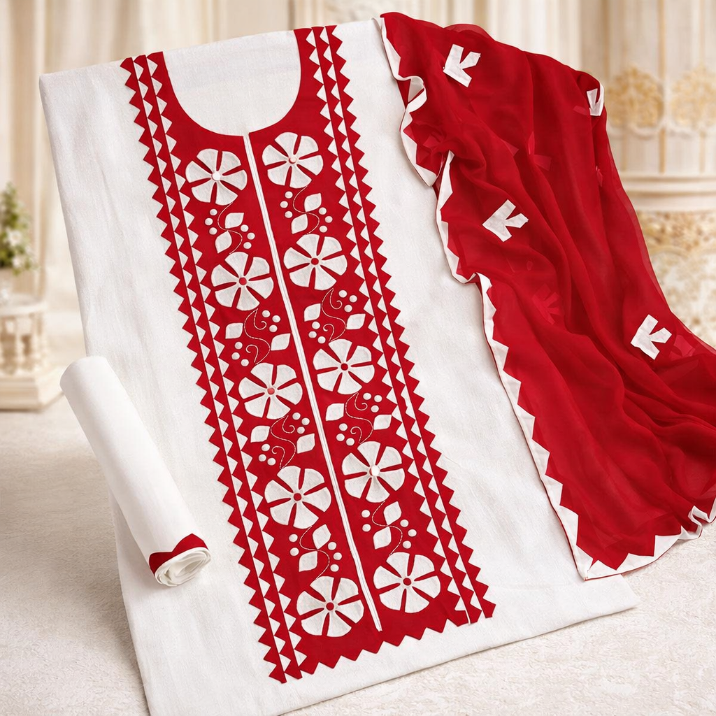 Handmade Applique Work Suit – Soft Cotton Fabric with Contrast Chiffon Dupatta - 3PC Unstitch Dress