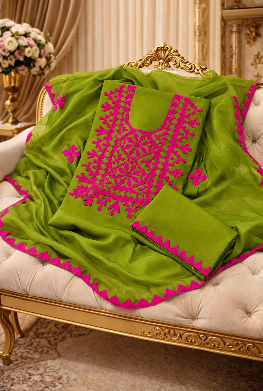 Pure Fancy Handmade Applique Work Soft Cotton Suit with Chiffon Dupatta – 3 Piece Unstitched Dress 👗