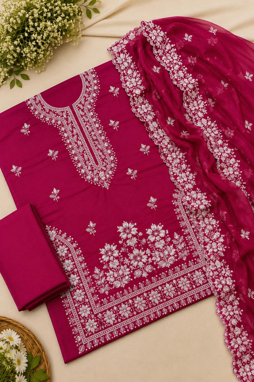 Elegant Computer Embroidered Soft Cotton Shirt & Trouser with Chiffon Cutwork Dupatta - 3PC Unstitched Dress 👗