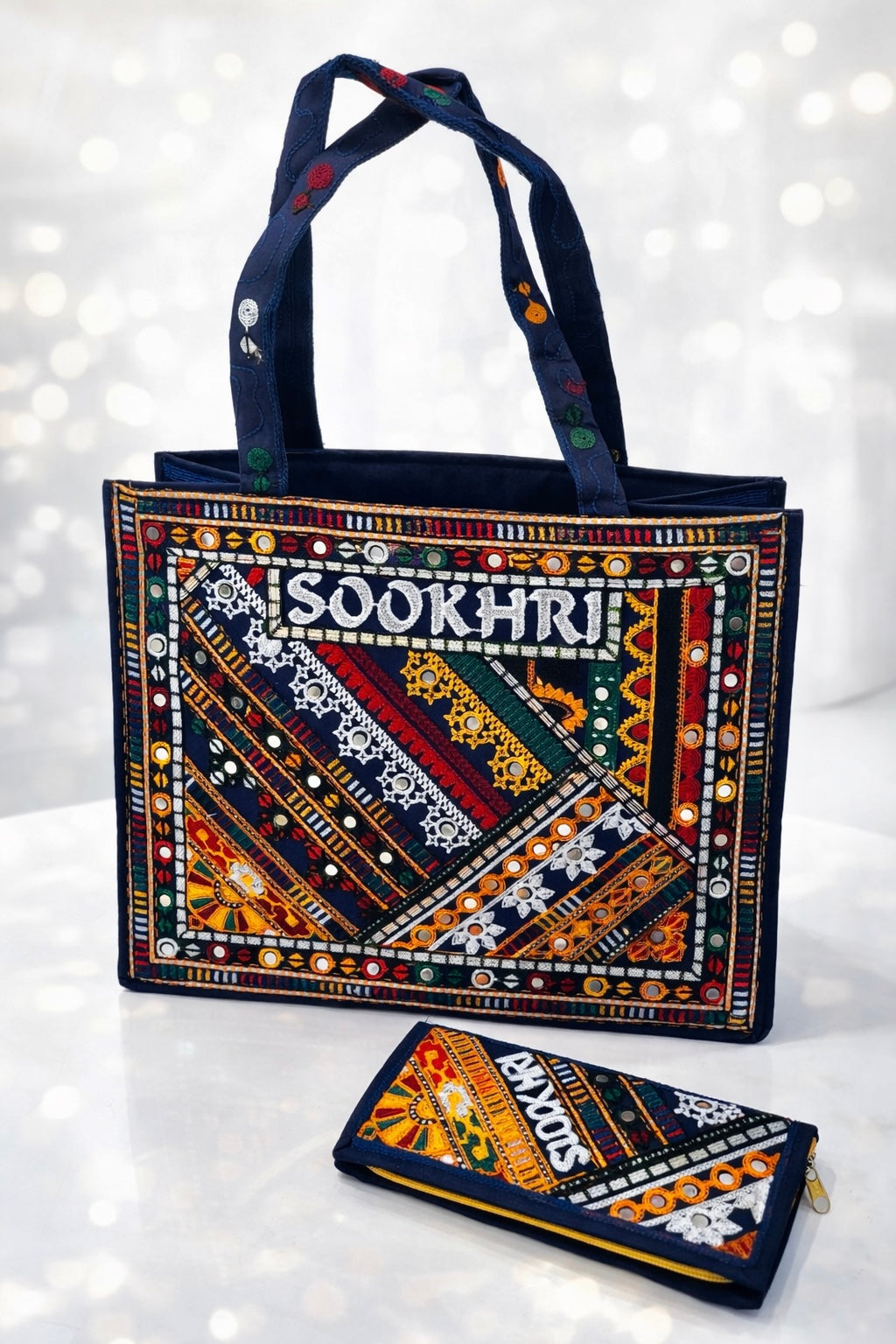 Traditional Multi-Pattern Antique Embroidered Handbag with Matching Clutch