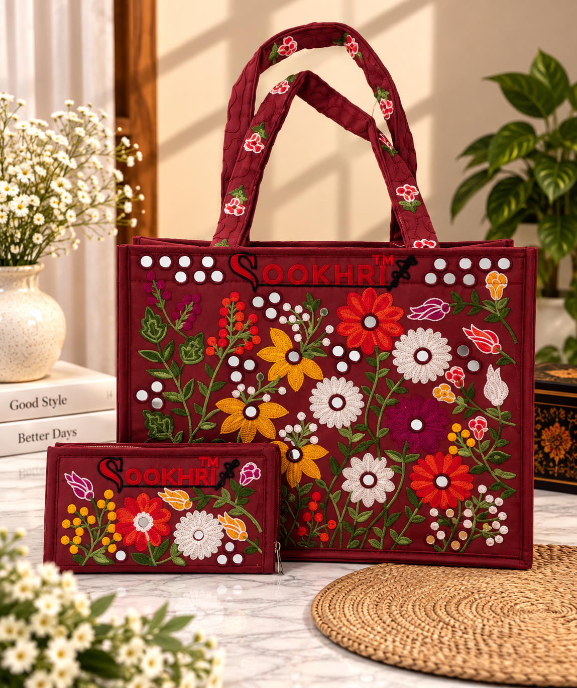 Traditional Multi-Pattern Antique Embroidered Handbag with Matching Clutch