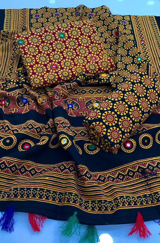 Ajrak Soft Cotton 3-Piece Suit with Sitara Foil Work – Hand-Dyed Traditional Elegance