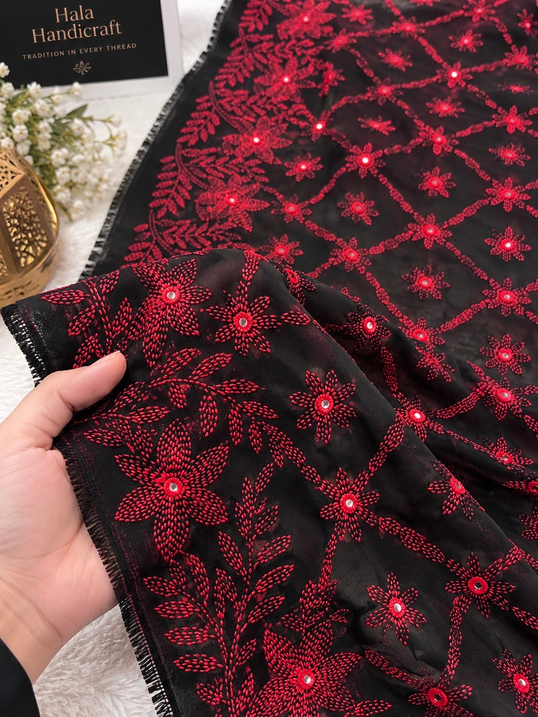 Handmade Korean Georgette – Original Mirror Work & Full Jaal Kacha Tanka Floral Embroidery Chadar