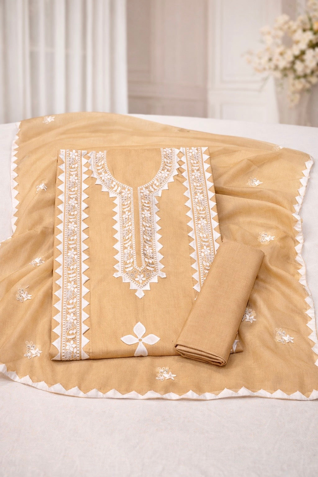 Applique Handmade Thick Thread 3mm Sequence Sitara Embroidery Lawn Cotton with Chiffon Dupatta - 3PC Unstitch Dress 👗