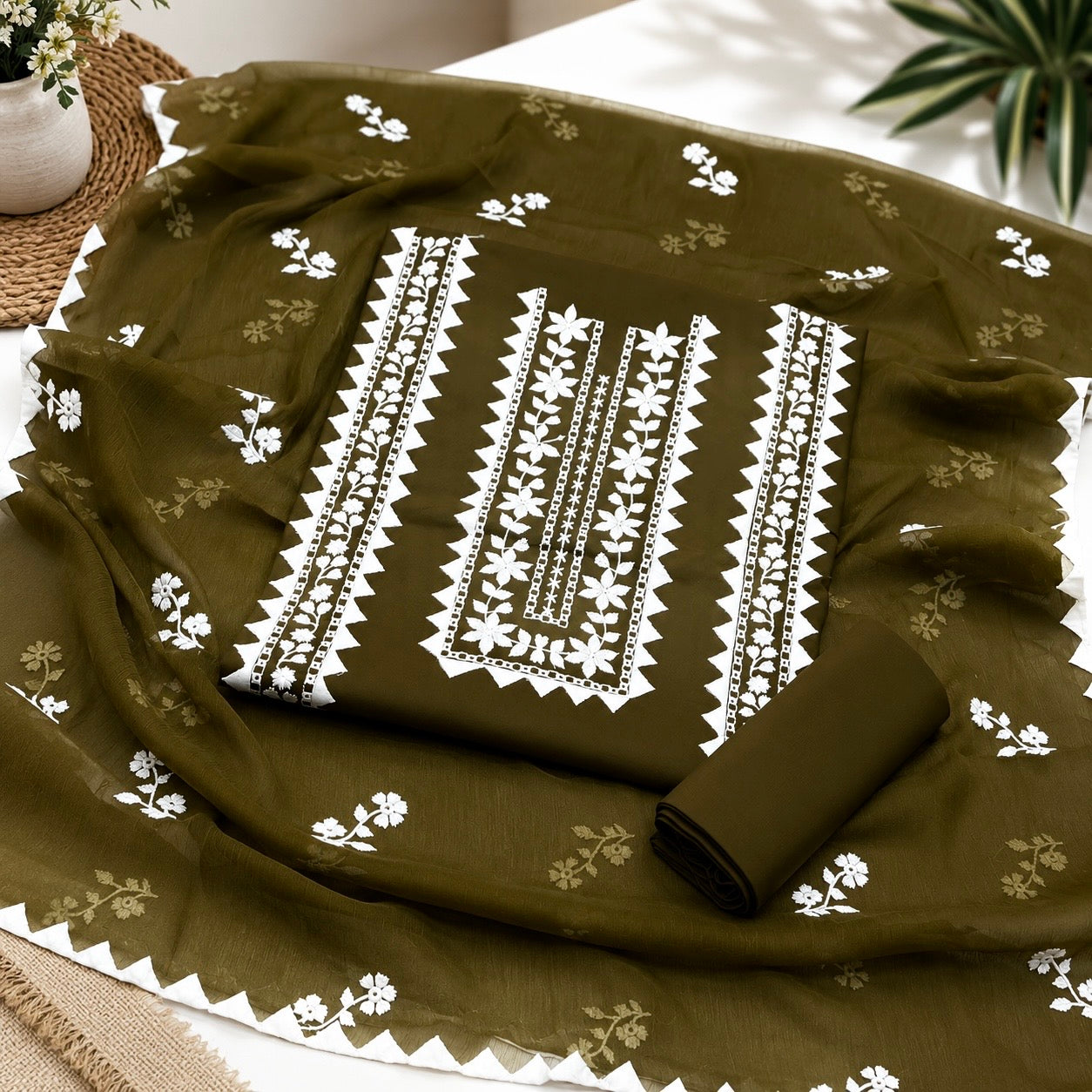 Elegant Handmade Applic Work Embroidery Lawn Cotton with Chiffon Dupatta - Unstitch 3PC Dress 👗
