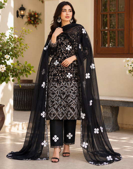 Handmade Applic Net Daman Work Premium Lawn Printed Shirt, Lawn Cotton Trouser with Chiffon Applic Work Dupatta | 3PC Unstitched Dress