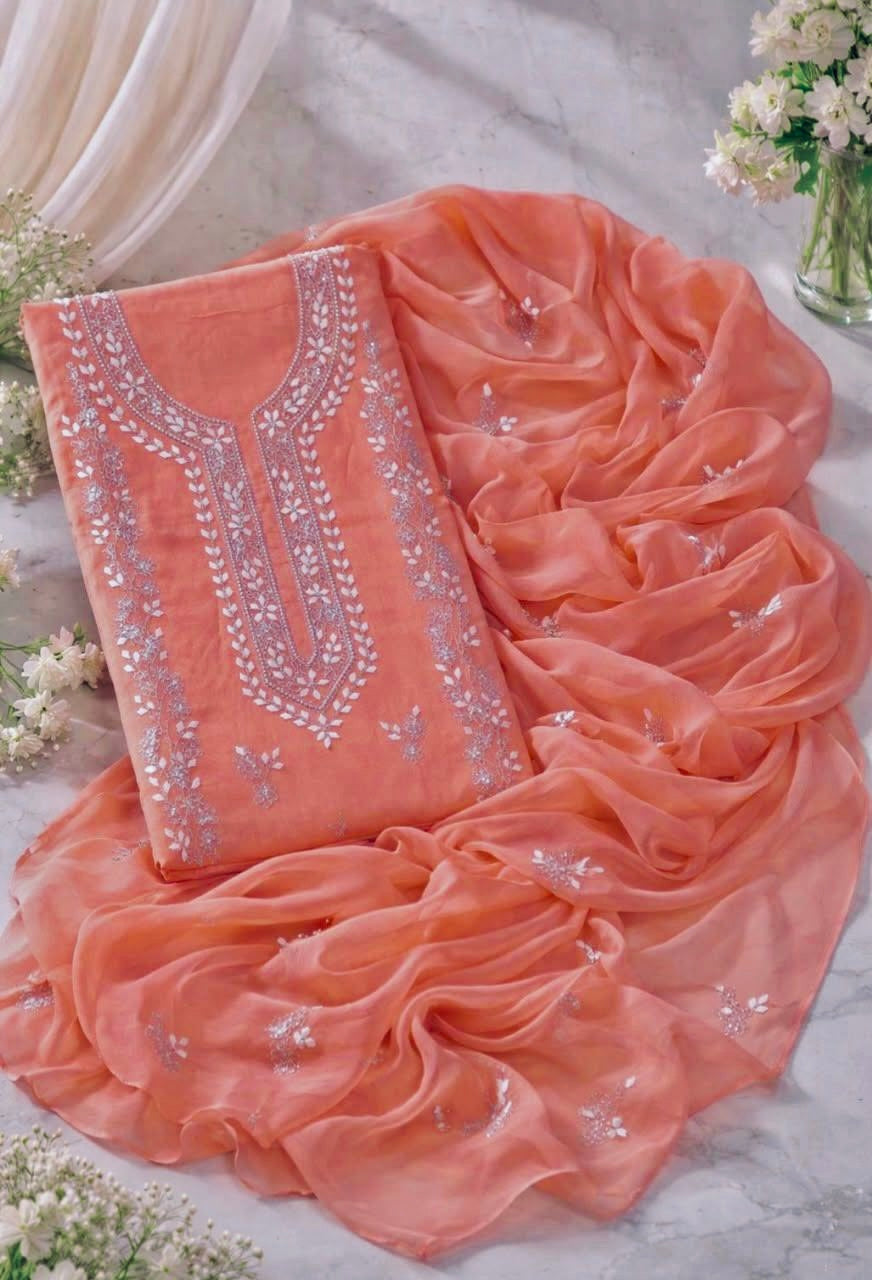 Handmade Applique Leaf, Zari & Pearl Work Lawn Fabric With Chiffon Dupatta 3PC Dress