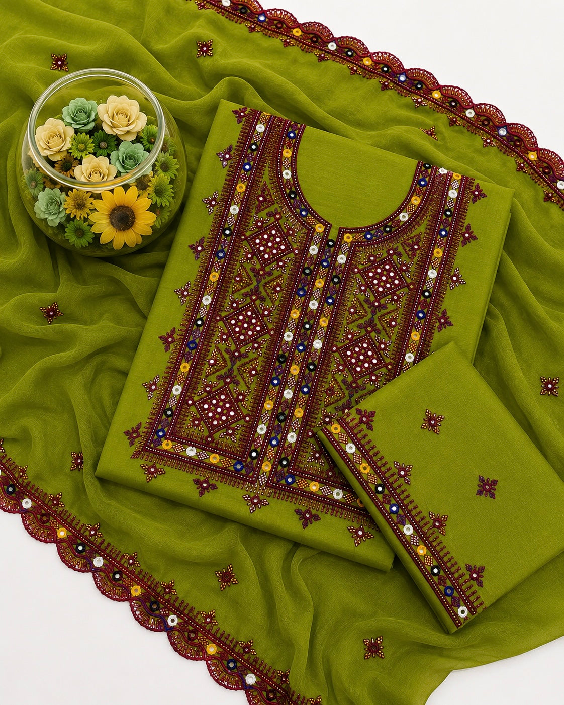 Balochi Thick Thread 9MM Sitara Work Machine Embroidered Soft Cotton with Two Side Cutwork Border Chiffon Dupatta - 3PC Unstitched Dress 👗