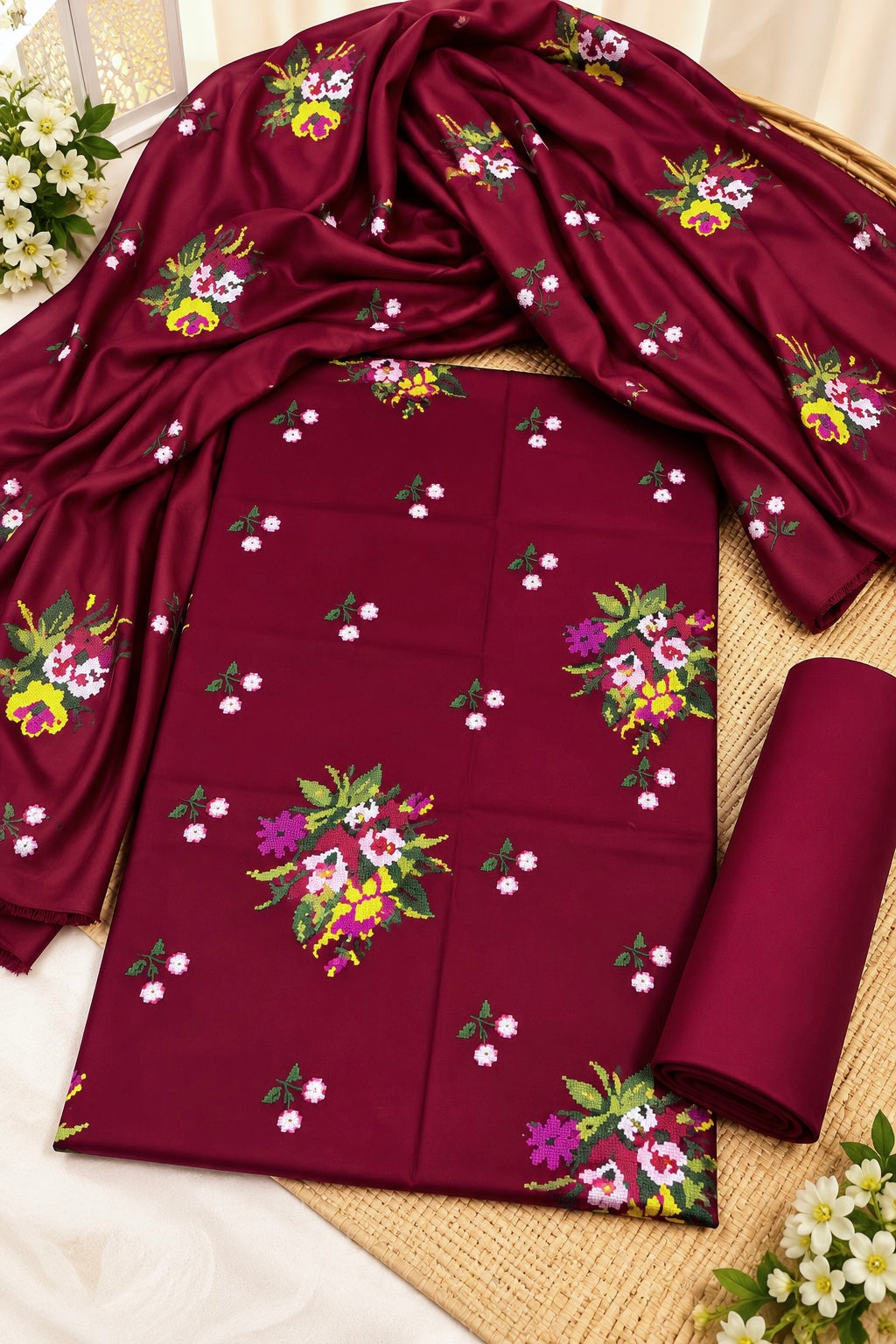 Premium Dhanak Fabric Cross Stitch Multi Flower Bunches Embroidered 3-Piece Unstitched Suit