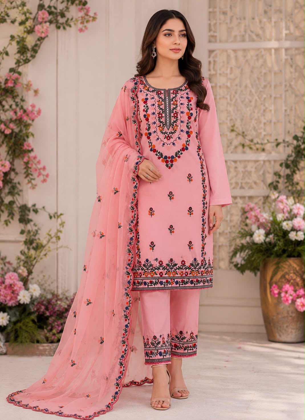 3MM Sequence Sitara Pakka Thread Multi Embroidered Lawn Cotton Suit with Bamber Chiffon Cutwork Dupatta – 3PC Unstitched Dress 👗