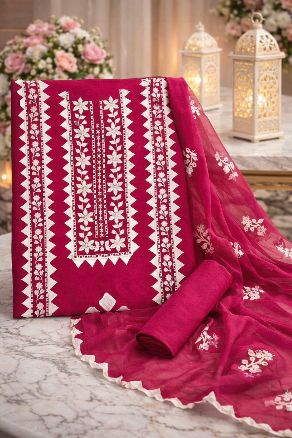 Elegant Handmade Applic Work Embroidery Lawn Cotton with Chiffon Dupatta - Unstitch 3PC Dress 👗