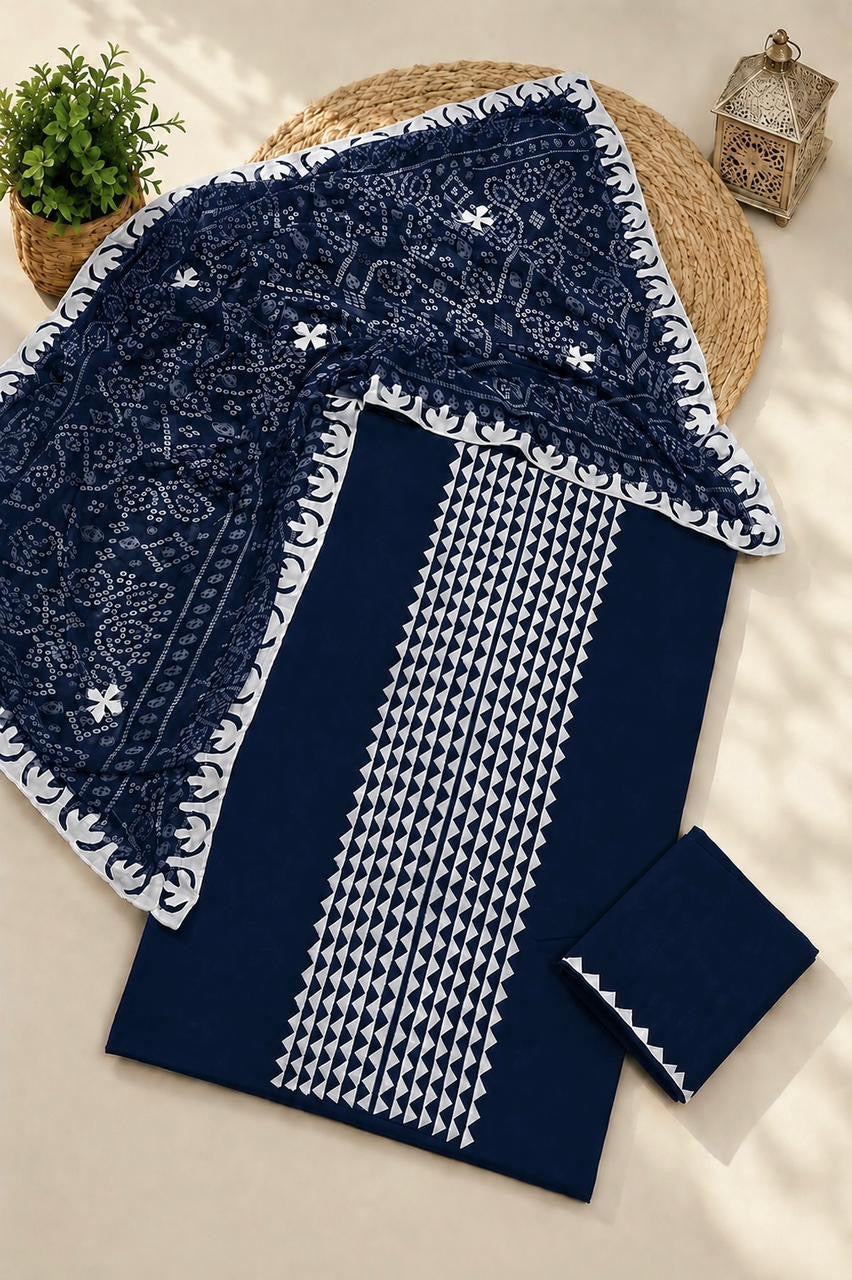 Applic Handwork Lawn Cotton Shirt & Trouser with Four Side Applic Border Chiffon Chunri Printed Dupatta – 3PC Unstitched Dress 👗