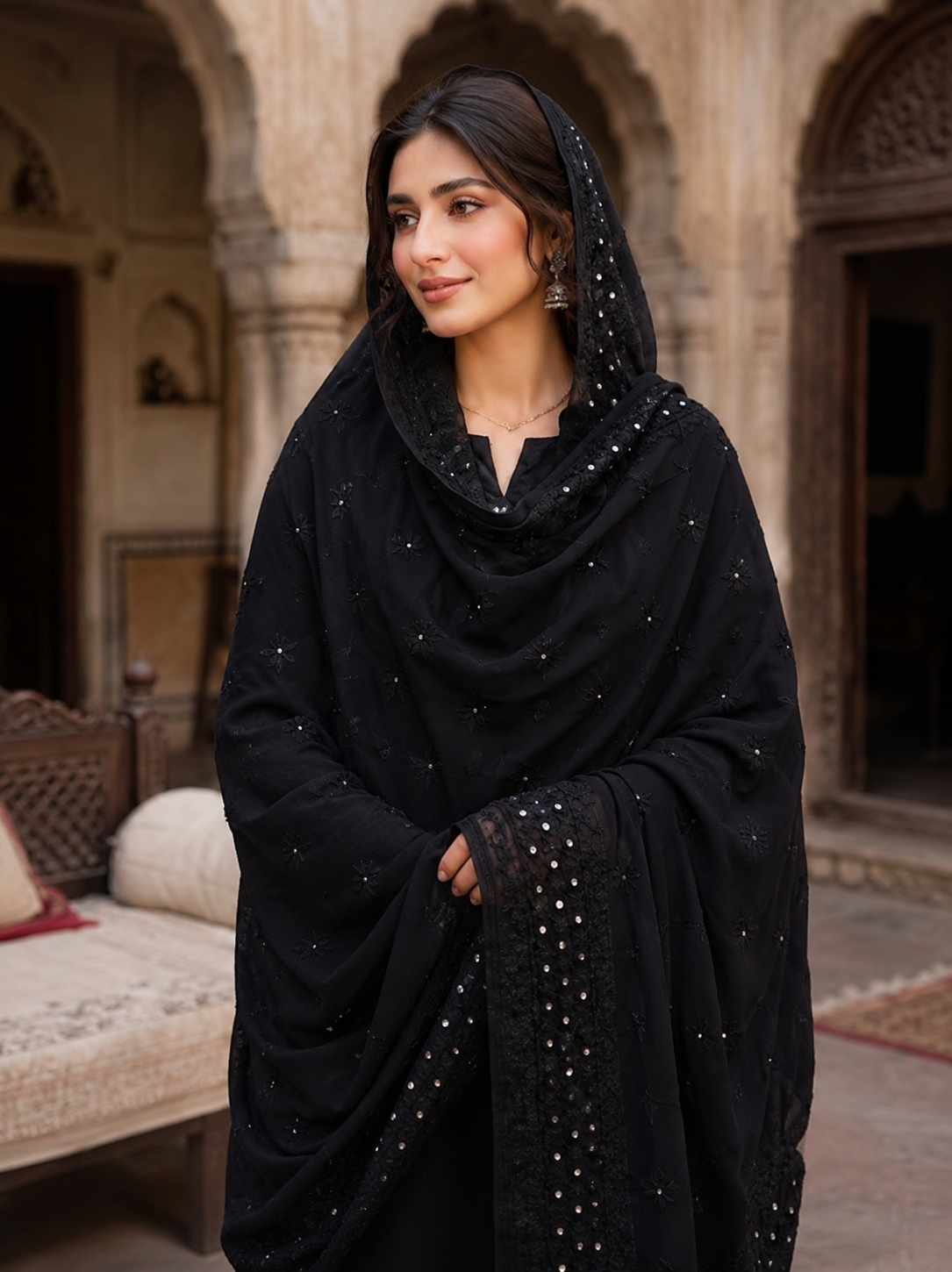 Black Korean Georgette Handmade Original Mirror Work Ladies Chadar | 2.5 Meter