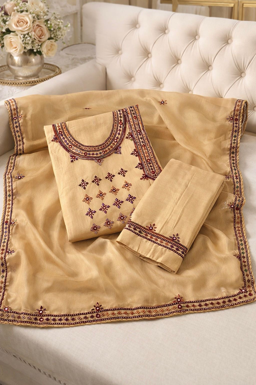 Angrakha Style Gala Balochi Handmade Original Mirror Work Lawn Cotton with Chiffon Dupatta - 3PC Unstitch Dress 👗