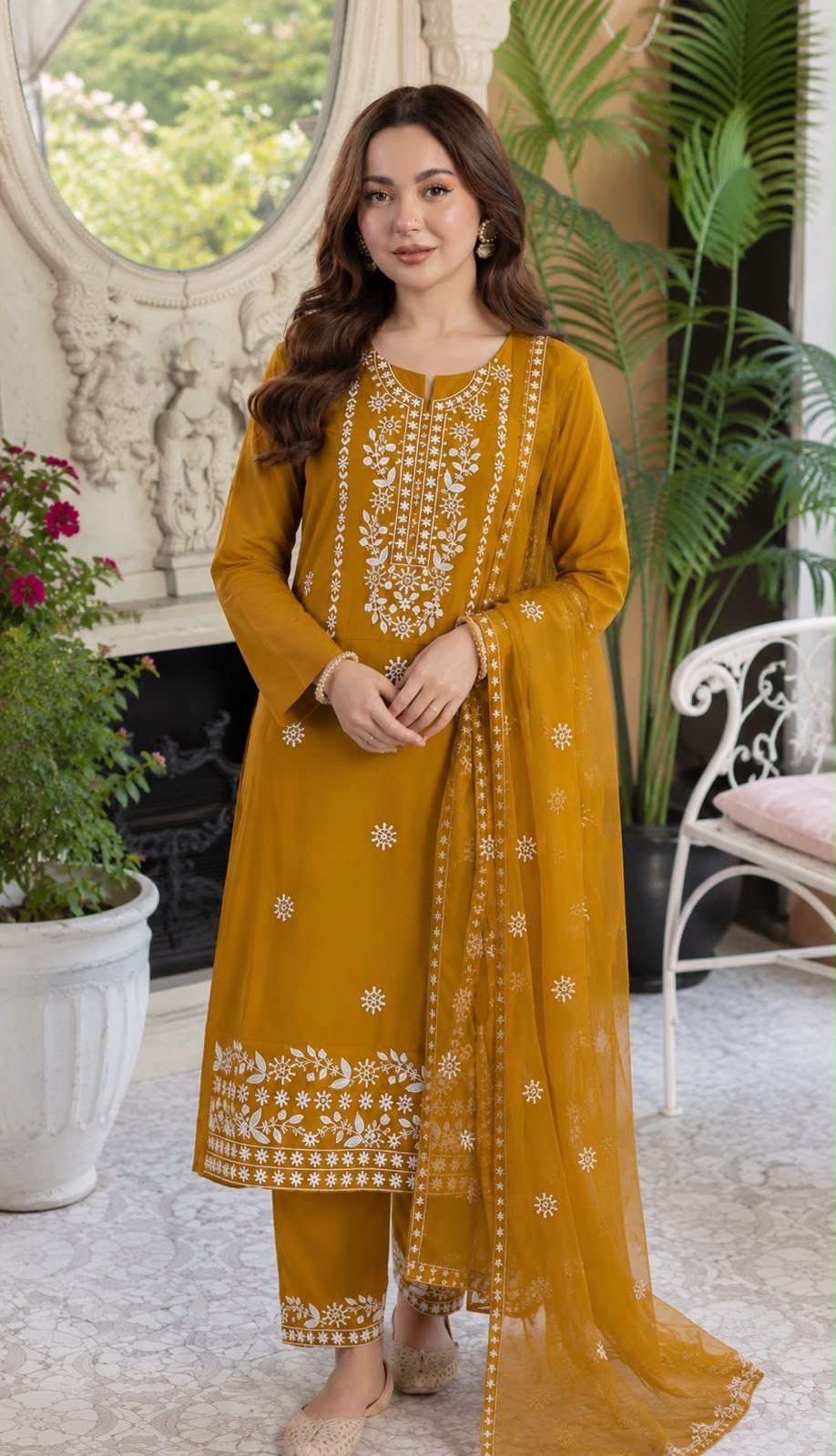 Pakka Thick Thread Fancy Gala Daman Embroidery Lawn Cotton with Chiffon Dupatta - 3PC Unstitch Dress 👗