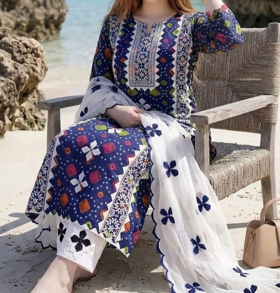 Multi Chunri Print Applic Handmade Panel with Patti Embroidered Lawn Cotton With Chiffon Dupatta – 3PC Unstitched Dress 👗