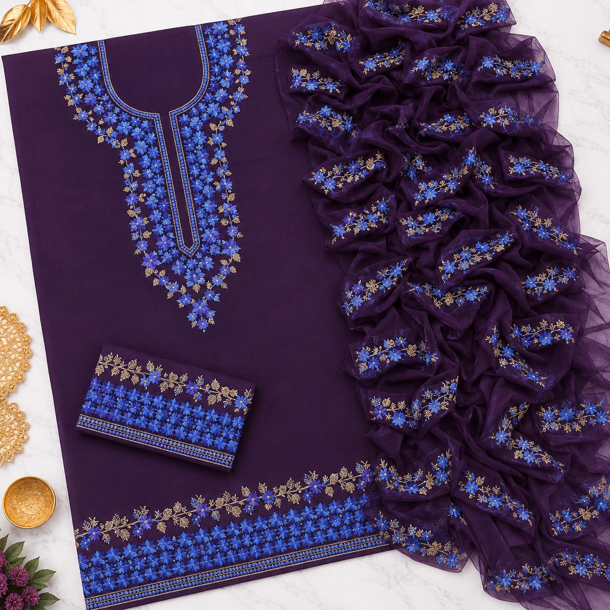 Two-Tone 3MM Sitara Thick Thread Flower Work Embroidery Soft Cotton with Chiffon Dupatta - 3PC Unstitch Dress 👗