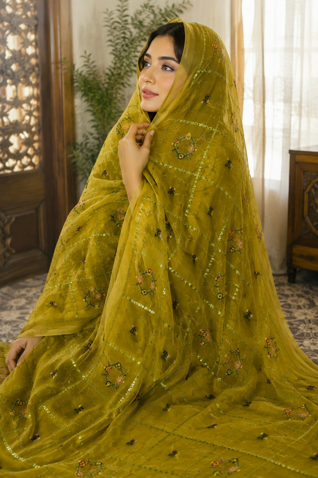 China Swiss Lawn Ladies Shawl with All Over Check Jaal Sequence Sitara Embroidery