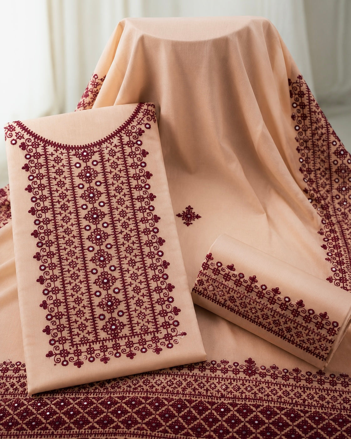 Hurmucha Machine Work & Sitara Foil Detailing Embroidered Soft Cotton with Chiffon Dupatta – 3PC Unstitch Dress 👗