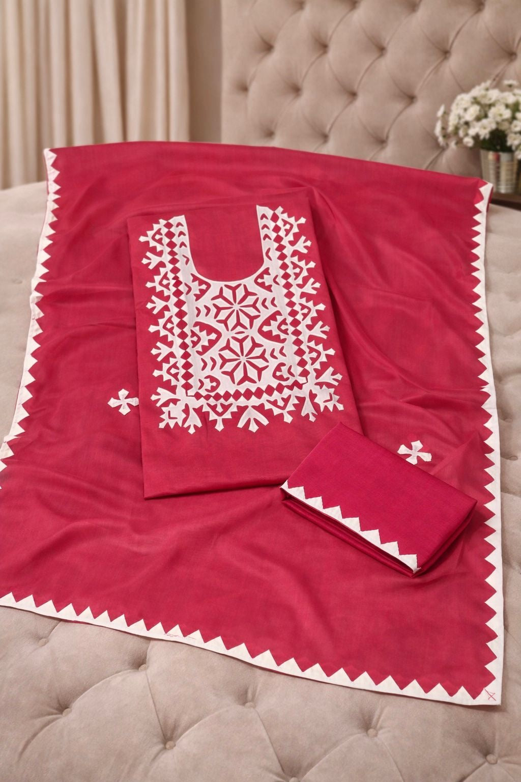 Pure Fancy Handmade Applique Work Soft Cotton Suit with Chiffon Dupatta – 3 Piece Unstitched Dress 👗