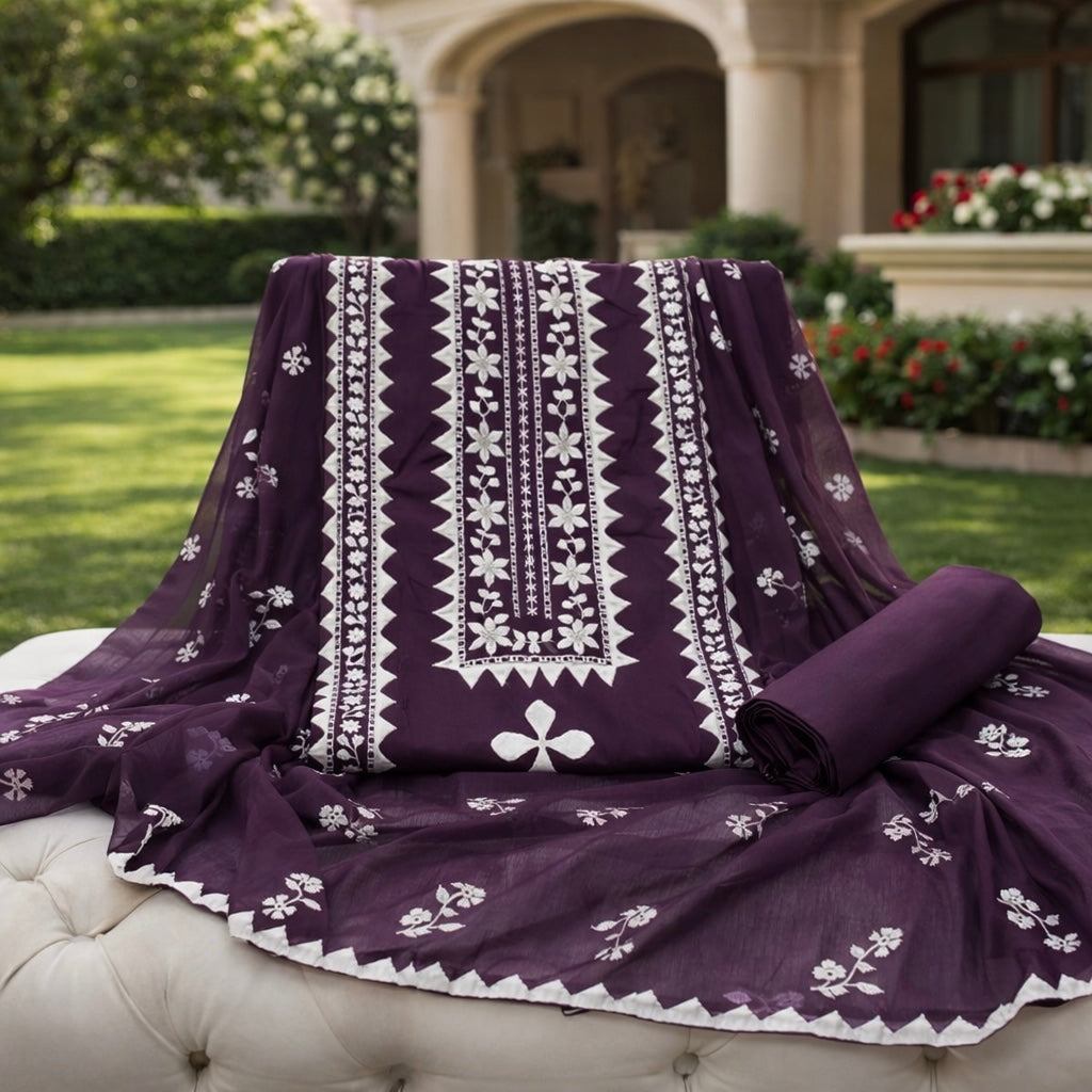 Elegant Handmade Applic Work Embroidery Lawn Cotton with Chiffon Dupatta - Unstitch 3PC Dress 👗