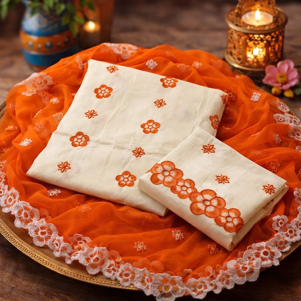 Floral Embroidered Unstitched Soft Cotton 3PC Suit With Chiffon Cutwork Dupatta