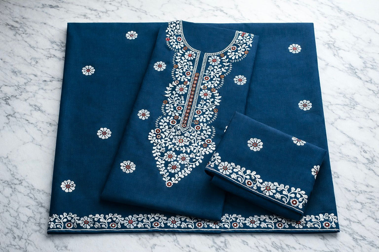 9MM Sitara Pakka Thread Work Embroidery Lawn Cotton Fabric - 3PC Unstitch Dress 👗