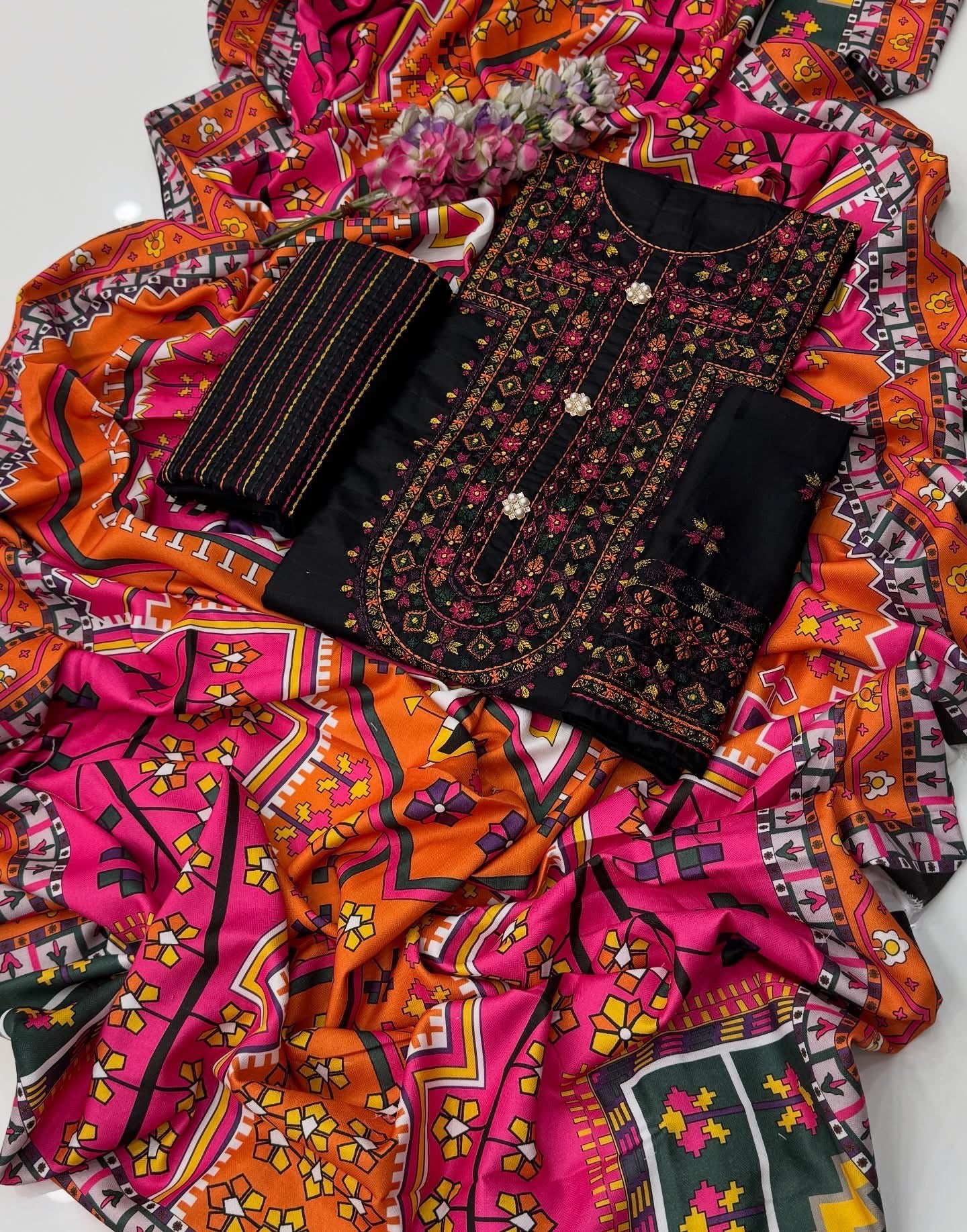 Winter Dhanak 3-Piece Suit – Heavy Multi Embroidered Shirt with Digital Printed Multi Shawl & Embellished Trouser