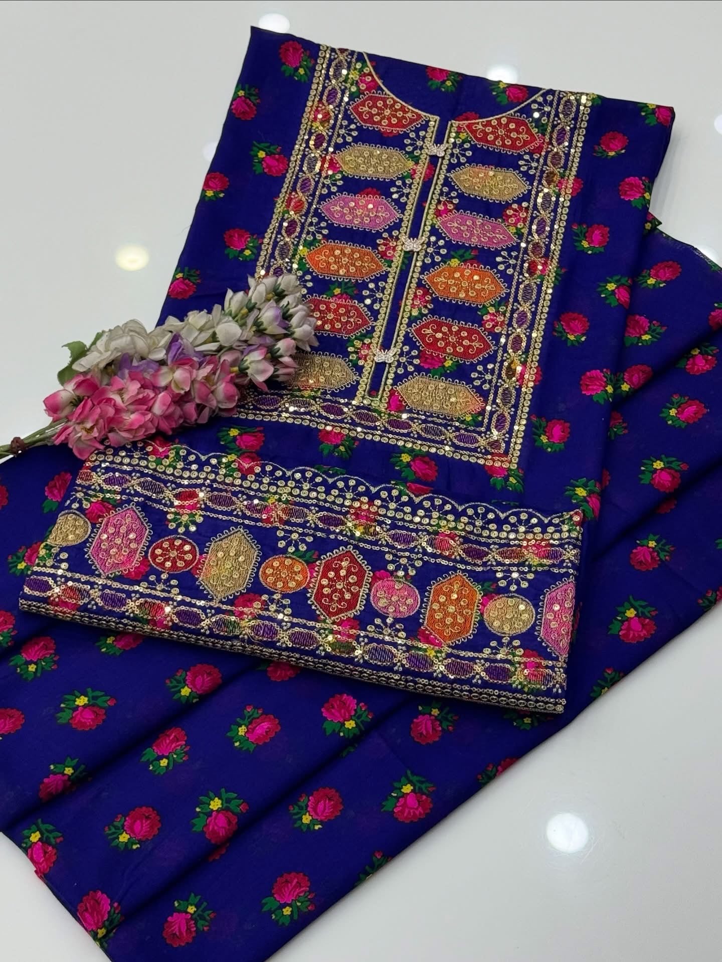 Acrylic Marina Floral Printed 2 Piece Unstitched Suit with Sequence Sitara Work Embroidery