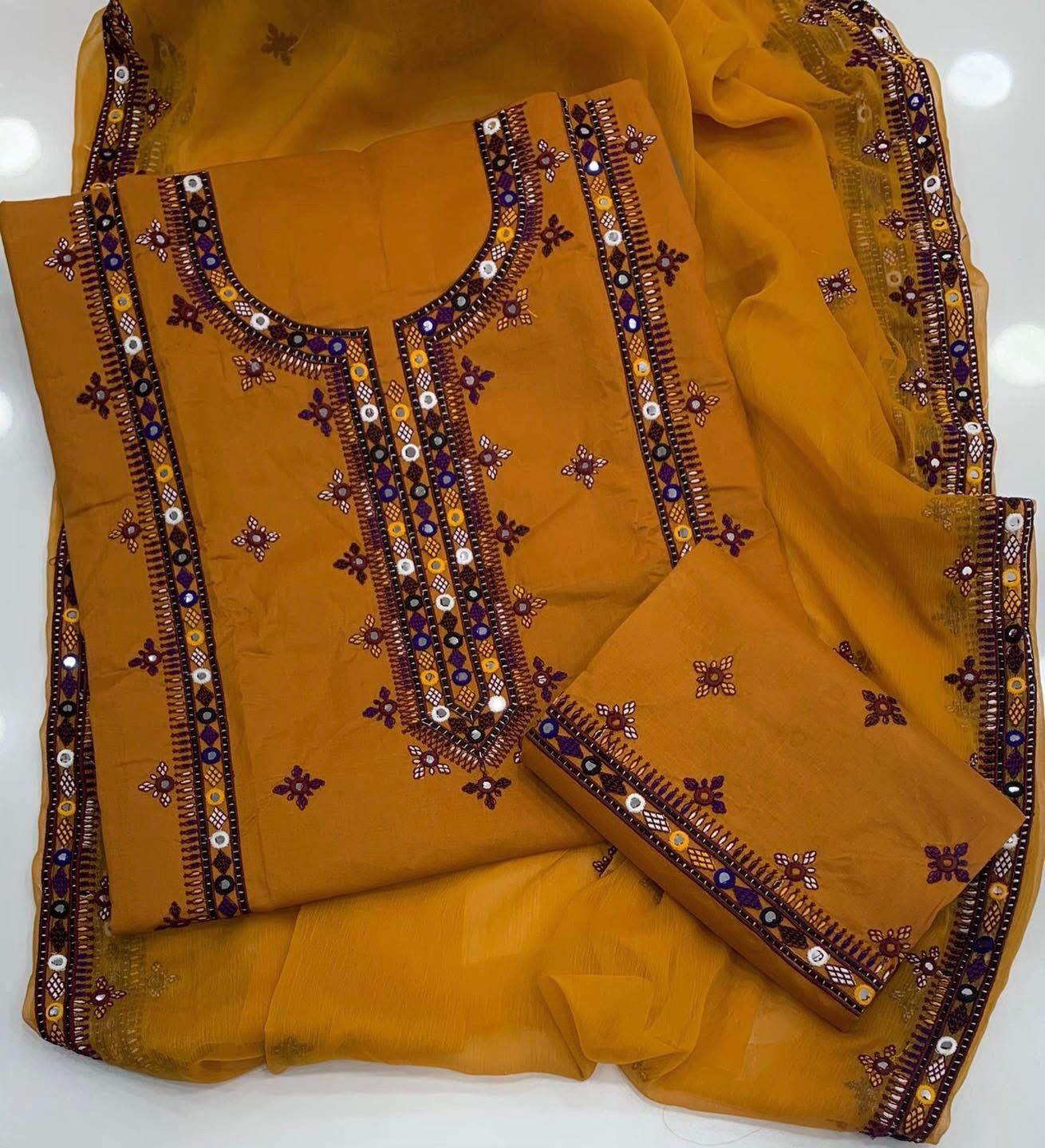 Balochi Gala Bail Daman Soft Cotton Thick Thread Embroidered 3-Piece Unstitched Suit