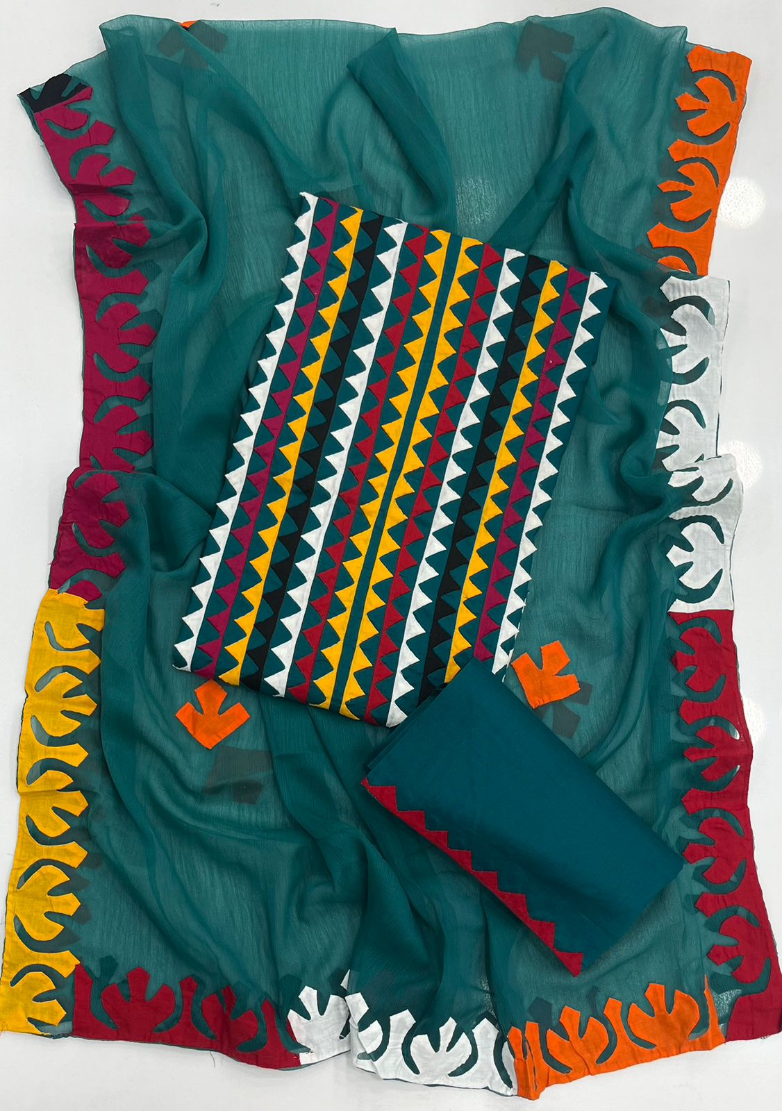 Multicolor Applique 3-Piece Dress – Soft Cotton with Chiffon Dupatta