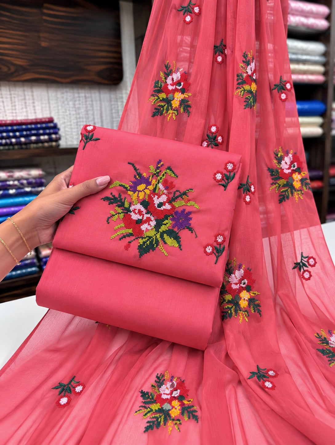 Cross Stitch Multi-Flower Embroidered Soft Cotton with Chiffon Dupatta - 3PC Unstitched Dress 👗