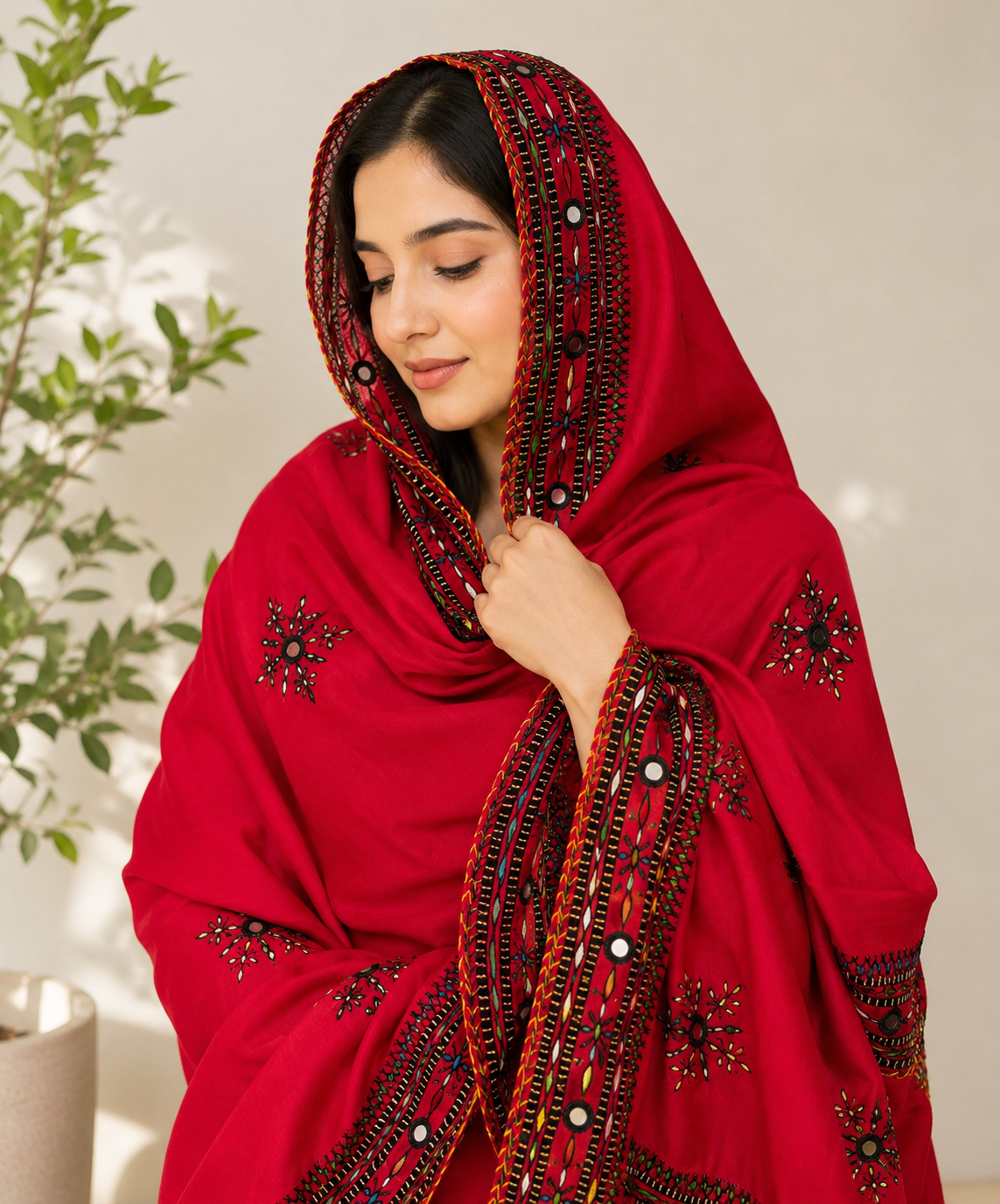 Balochi Handmade Four Border Chader | Traditional Embroidered Shawl | Swiss Voile
