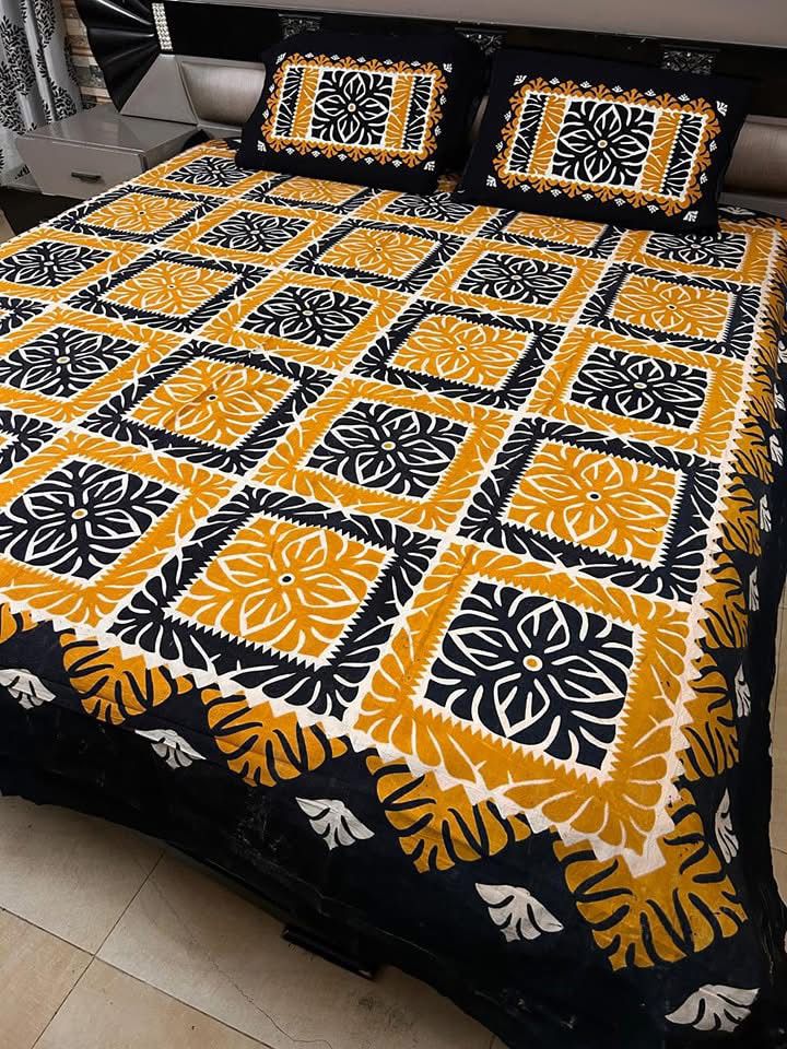 Ajrak Cotton King Size Block Print Bedsheet with 2 Unstitched Pillow Covers