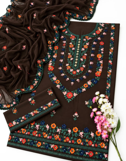 3MM Sequence Sitara Pakka Thread Multi Embroidered Soft Cotton Suit with Premium Chiffon Cutwork Dupatta – 3PC Unstitched Dress 👗
