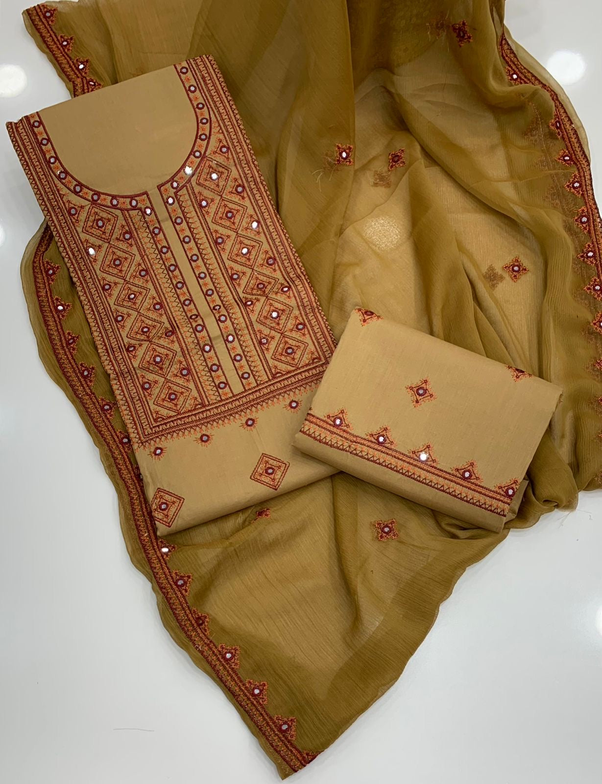 Winter Soft Cotton 3-Piece Balochi Dress | Machine Embroidered Thick Thread & 9MM Sitara Work | Soft Chiffon Dupatta