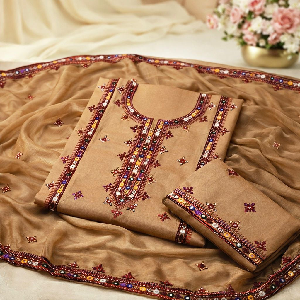 Balochi Gala Bail Daman 9MM Sitara Thick Thread Embroidered Lawn Cotton with Chiffon Dupatta - 3PC Unstitch Dress 👗
