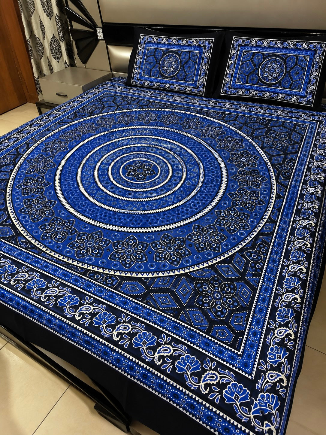 King Size Ajrak Block Hand Print Cotton Stuff Bedsheet Set with 2 Unstitched Pillow Covers