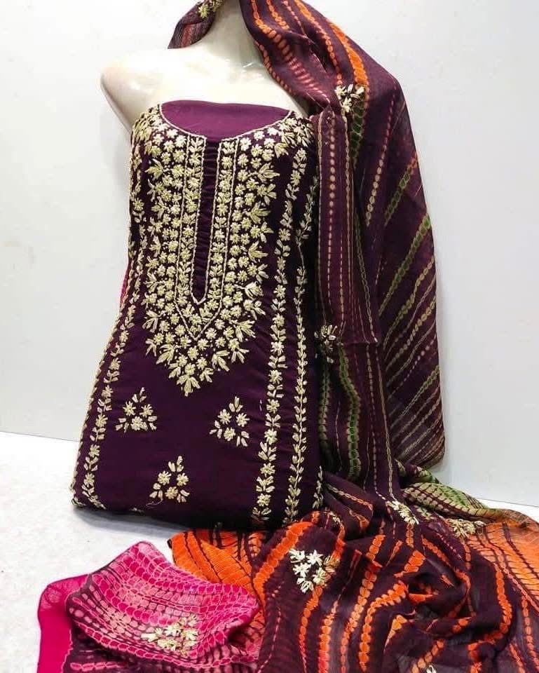 Premium Lawn Fabric Golden Gotta Handmade 3 Piece Unstitched Dress with Tie & Dye Chiffon Dupatta