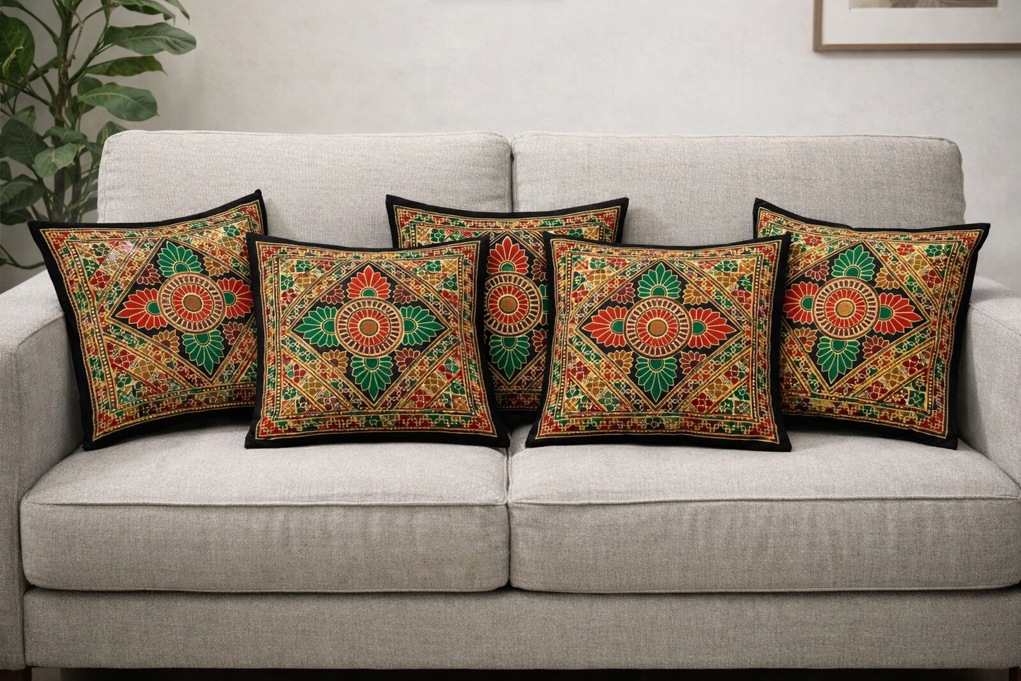 Traditional Embroidered Cushion Cover Set (5 Pieces) – 16x16 Inches