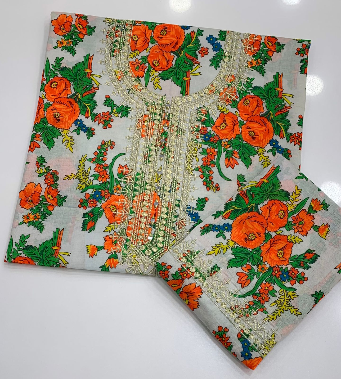 Winter 2-Piece Acrylic Marina Floral Print Suit with Zari Mirror Work