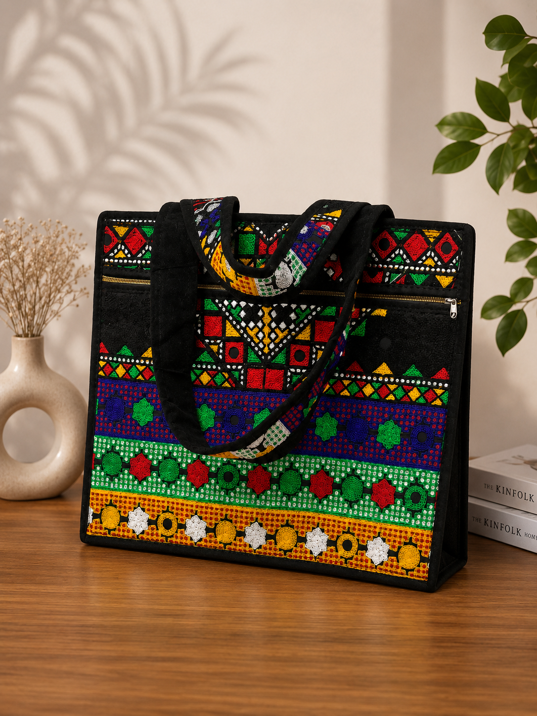Multi Full Arri Embroidered Velvet Fabric Traditional Handbag with Top & Front Zip