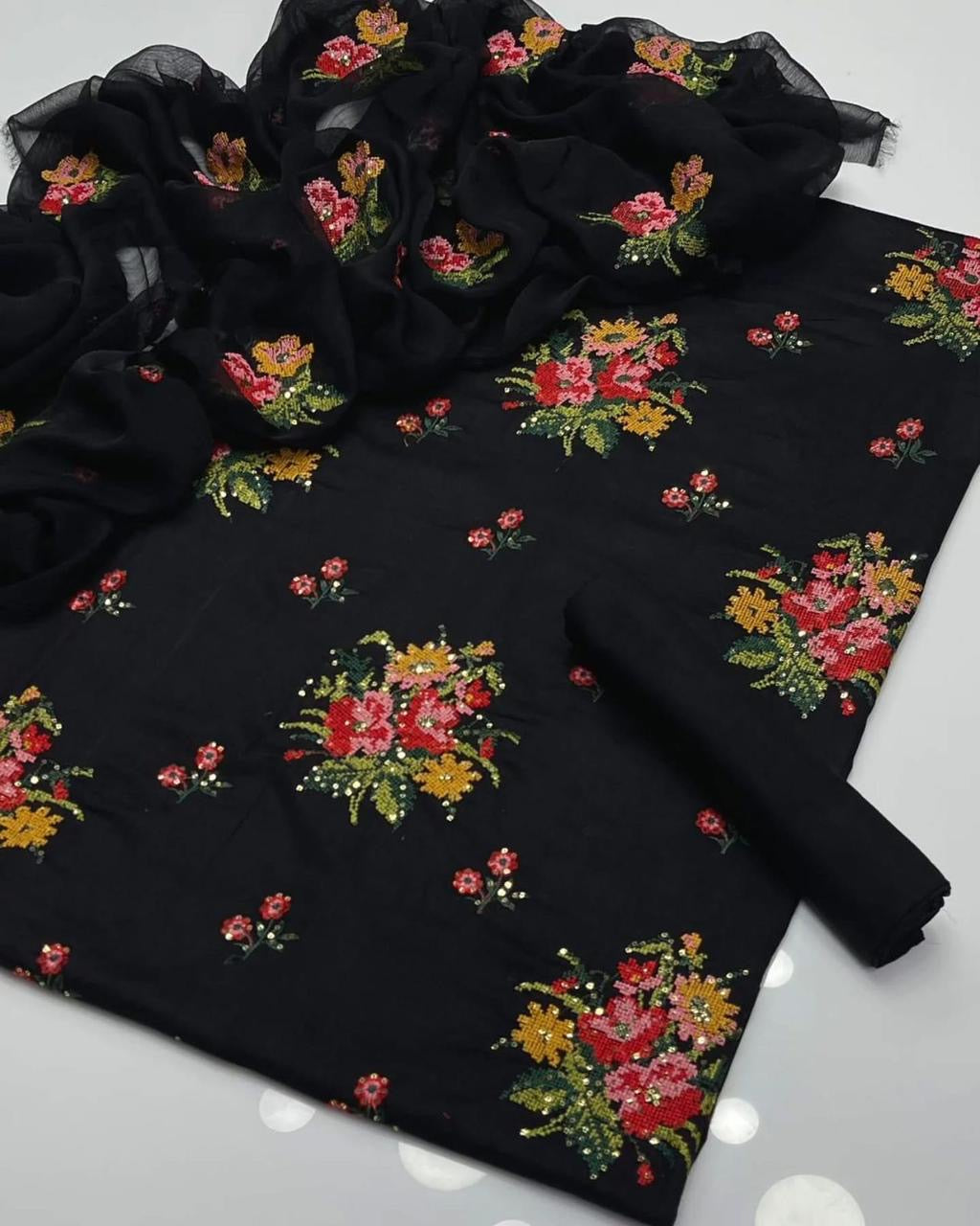 Premium Soft Cotton Sequence Sitara Floral Embroidered Suit with Chiffon Dupatta - 3PC Unstitch Dress 👗
