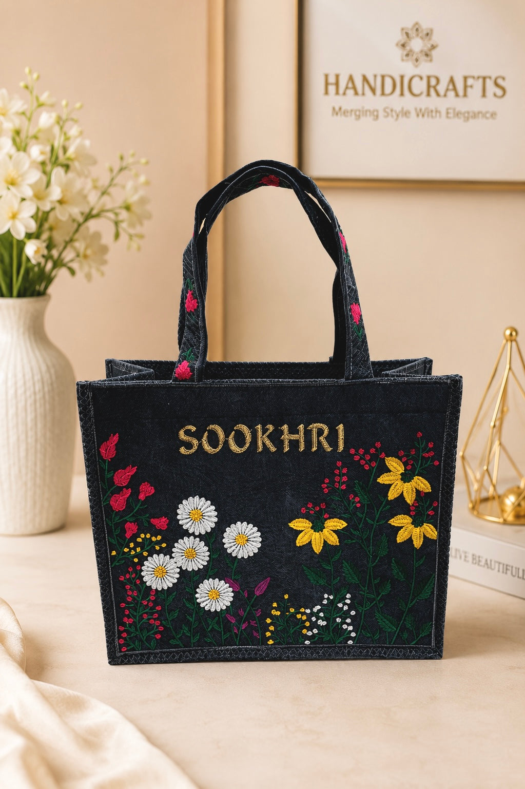 Sookhri Floral Embroidered Black Handbag – Soft Velvet Fabric