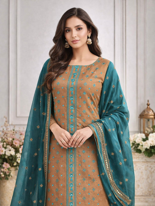 9MM Sitara Front Panel Embroidery 3-Piece Unstitched Suit with Chiffon Dupatta