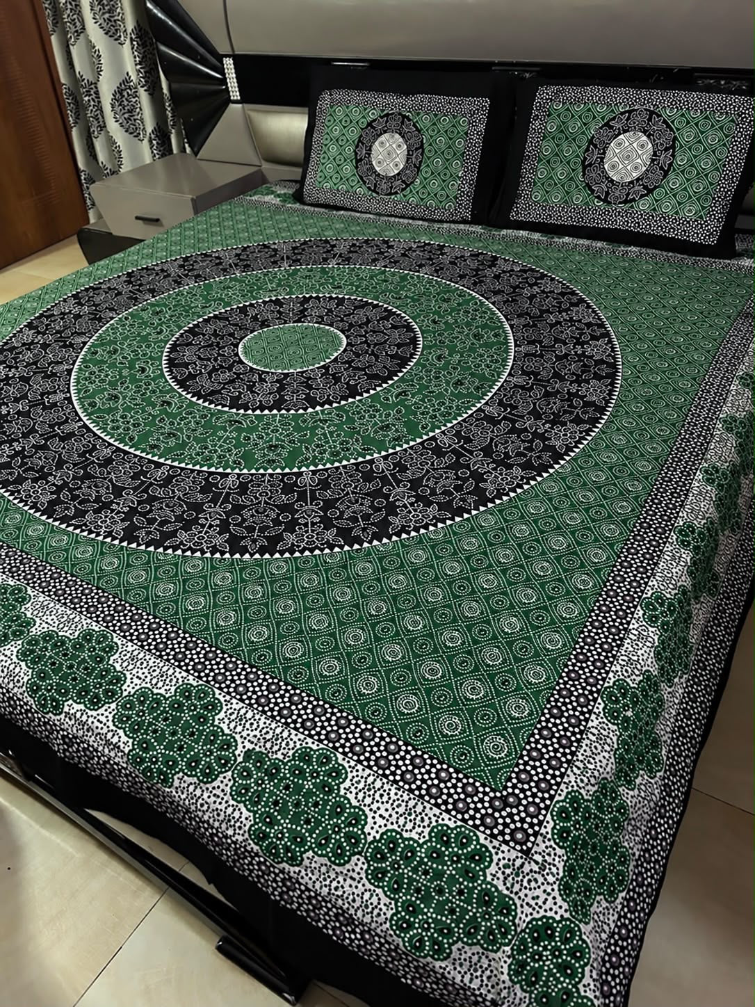 Ajrak Cotton King Size Block Print Bedsheet with 2 Unstitched Pillow Covers